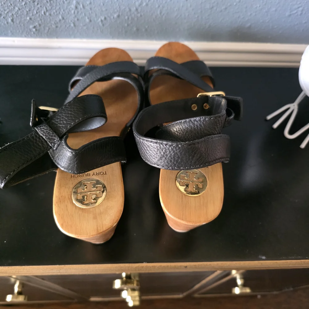 Tory Burch Black Leather Wood Platform Sandles 10.5 Medium - Picture 5 of 8